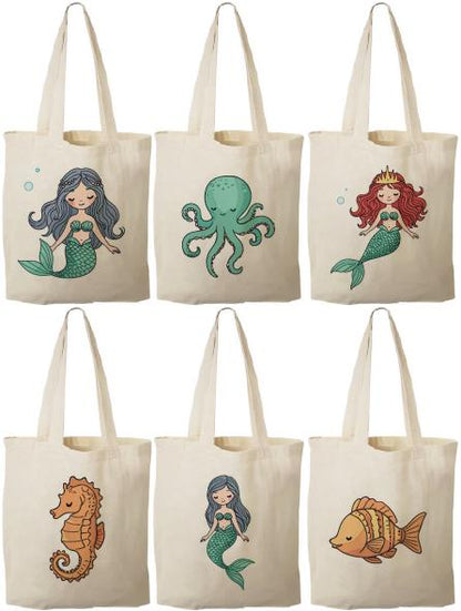 Mermaid Party Favor Bags, Sea Creature Canvas Totes, Set of 6