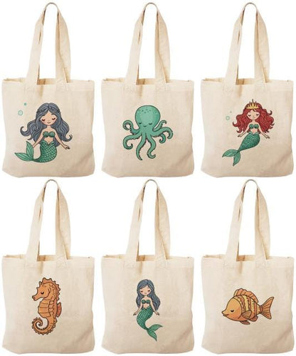Mermaid Party Favor Bags, Sea Creature Canvas Totes, Set of 6