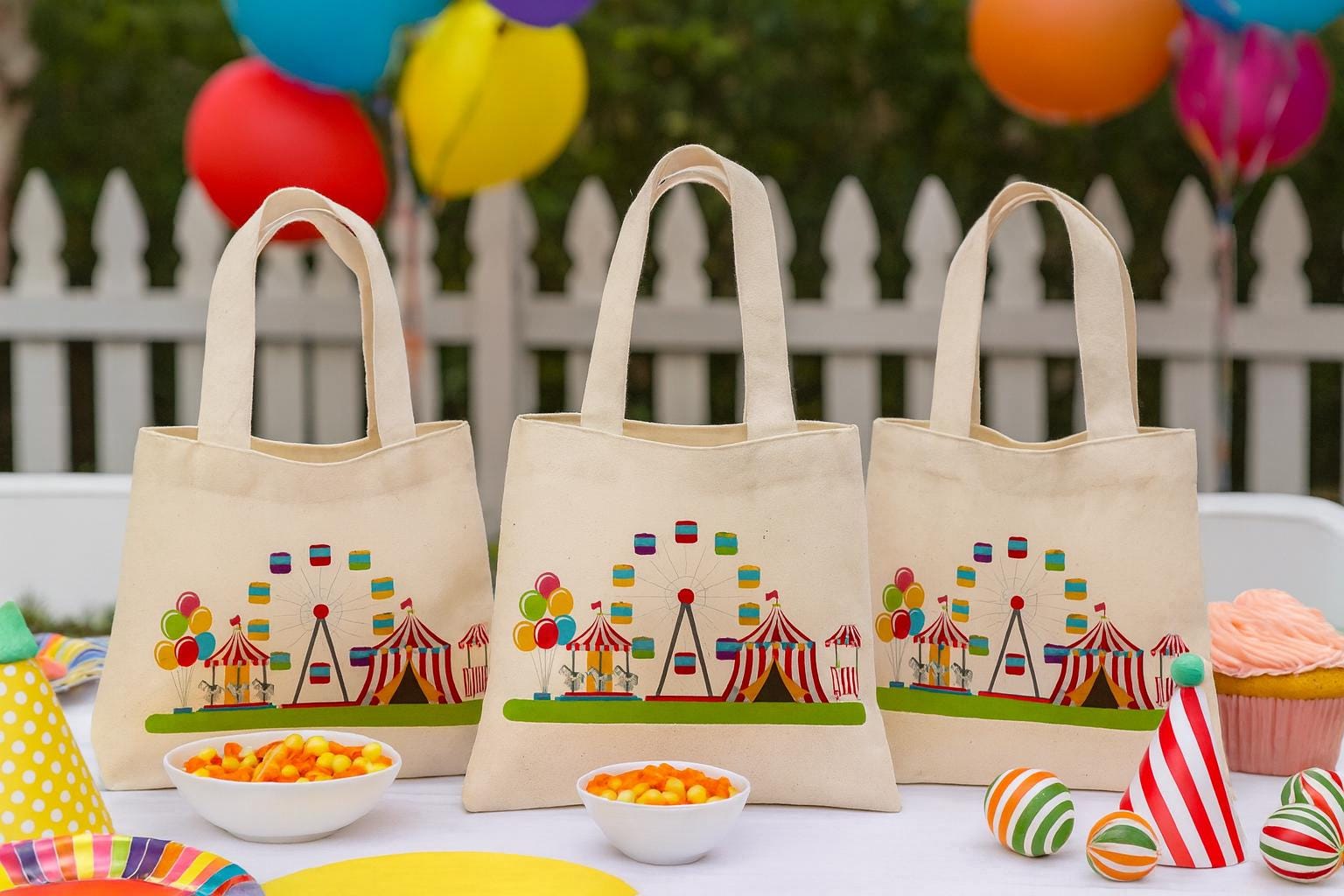 Set of three Carnival Party Favor Bags - Perfect for Carnival Themed Parties! - Cotton bags with handles - Reusable