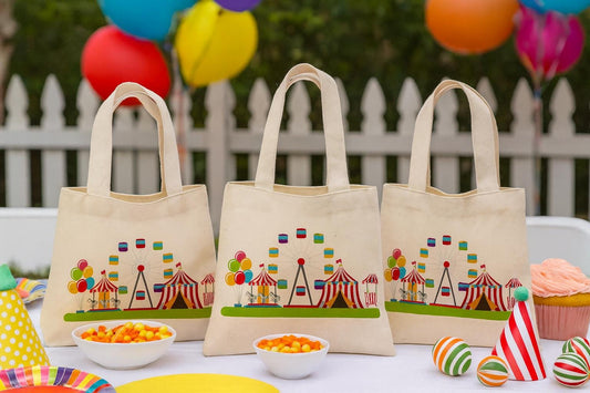 Set of three Carnival Party Favor Bags - Perfect for Carnival Themed Parties! - Cotton bags with handles - Reusable
