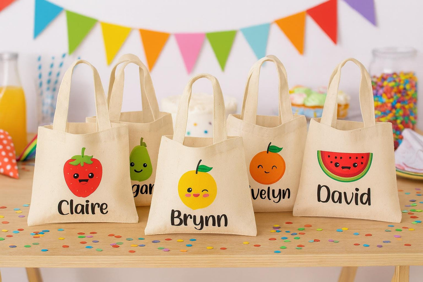 Personalized Fruit Party Favor Bags – Set of Six Custom Canvas Totes