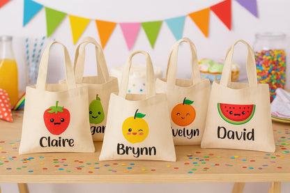 Personalized Fruit Party Favor Bags – Set of Six Custom Canvas Totes