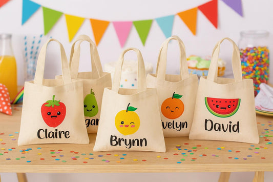 Personalized Fruit Party Favor Bags – Set of Six Custom Canvas Totes