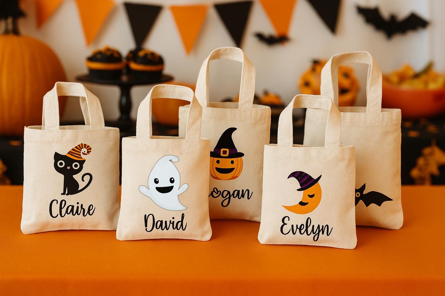 Personalized Halloween Favor Bags - Set of Six Cotton Canvas Treat Bags