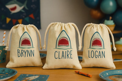 Personalized Shark Party Favor Bags - Set of 3 Cotton Goodie Bags