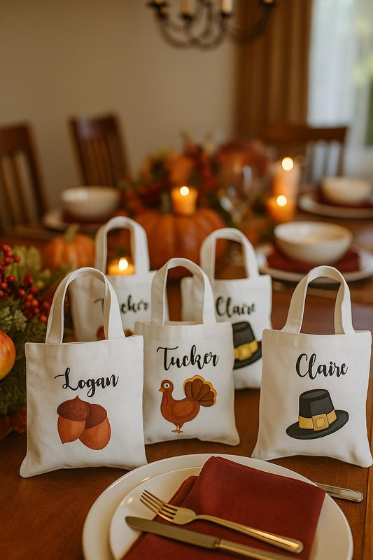 Thanksgiving Party Favor Bags - Personalized with each Guest's Name - Cotton with handles - Reusable