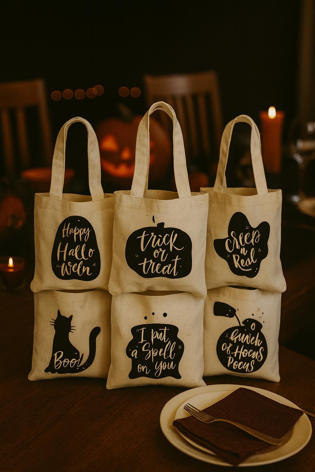 Halloween Cotton Favor Bags - Spooky Designs, Set of 6