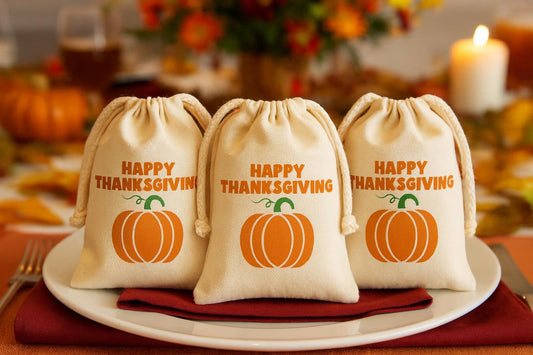Happy Thanksgiving Party Favor Bags - Perfect for Thanksgiving Parties - Canvas Bags with Sturdy Drawstrings