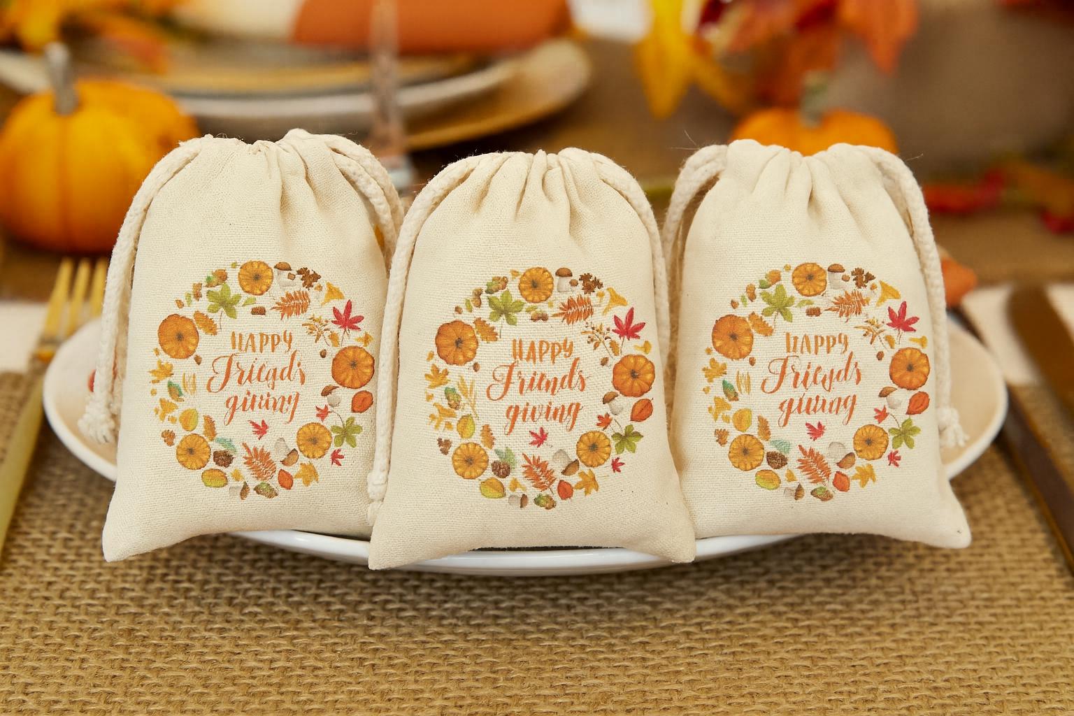 Friendsgiving Favor Bags - Autumn Wreath Cotton Drawstring