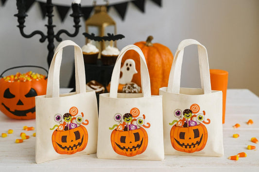 Pumpkin Halloween Party Favor Bags – Set of 3 Cotton Treat Totes