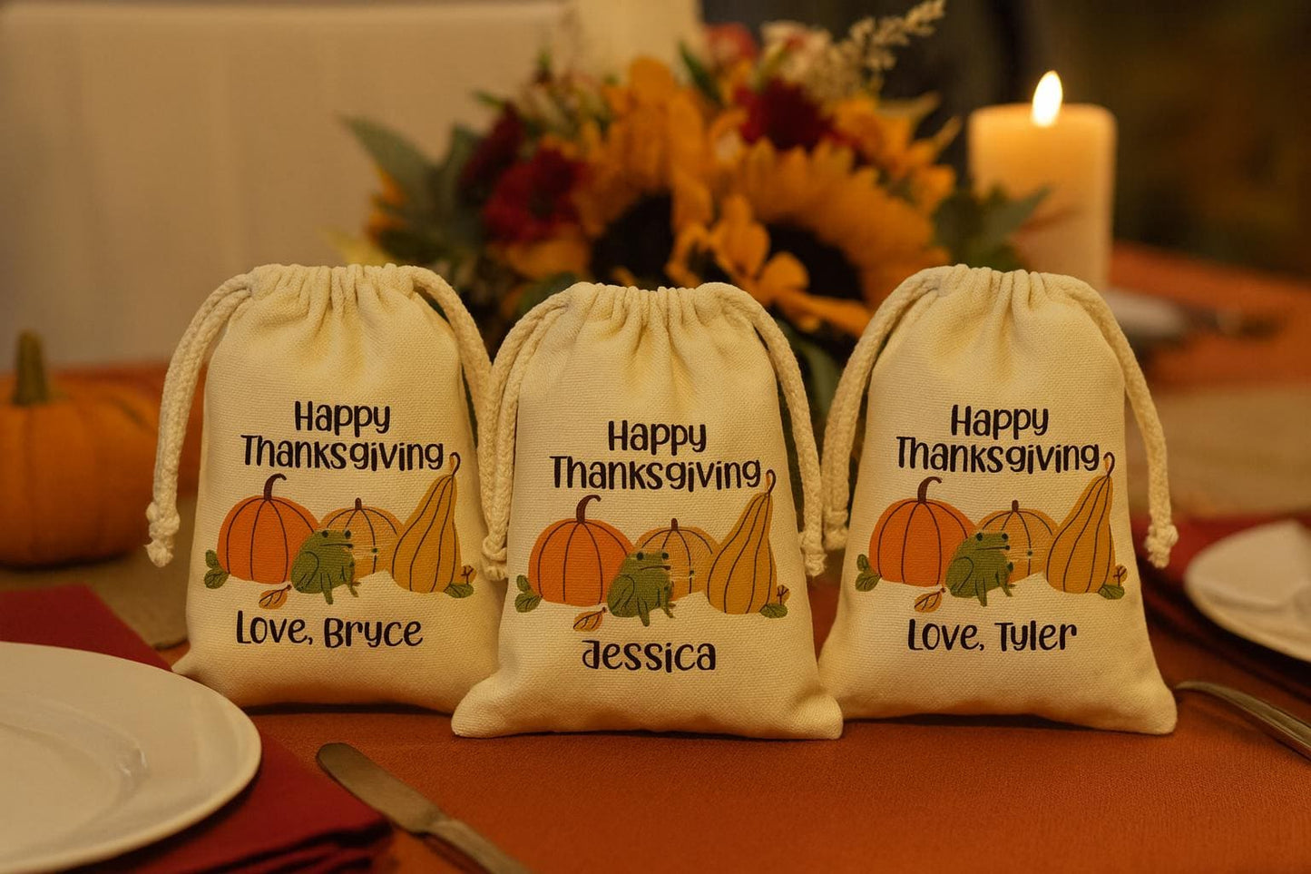 Personalized Thanksgiving Party Favor Bags - Perfect for Thanksgiving! - Canvas Bags with Sturdy Drawstring