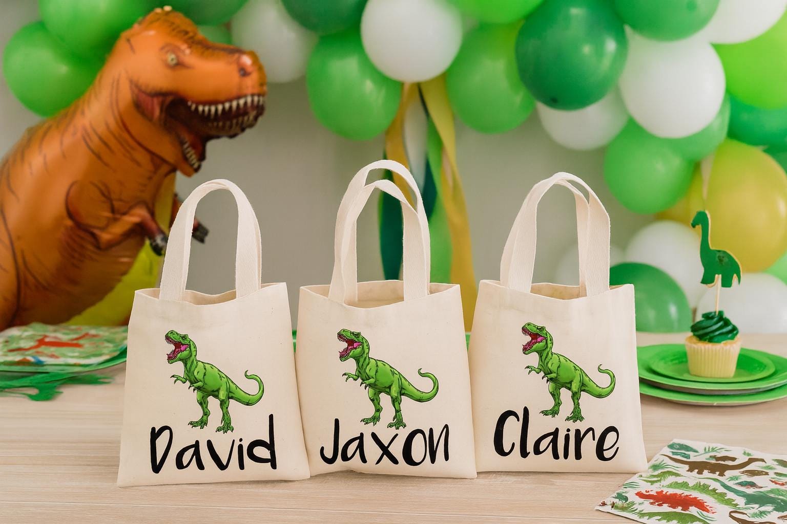 Personalized Dinosaur Party Favor Bags – T-Rex Cotton Tote