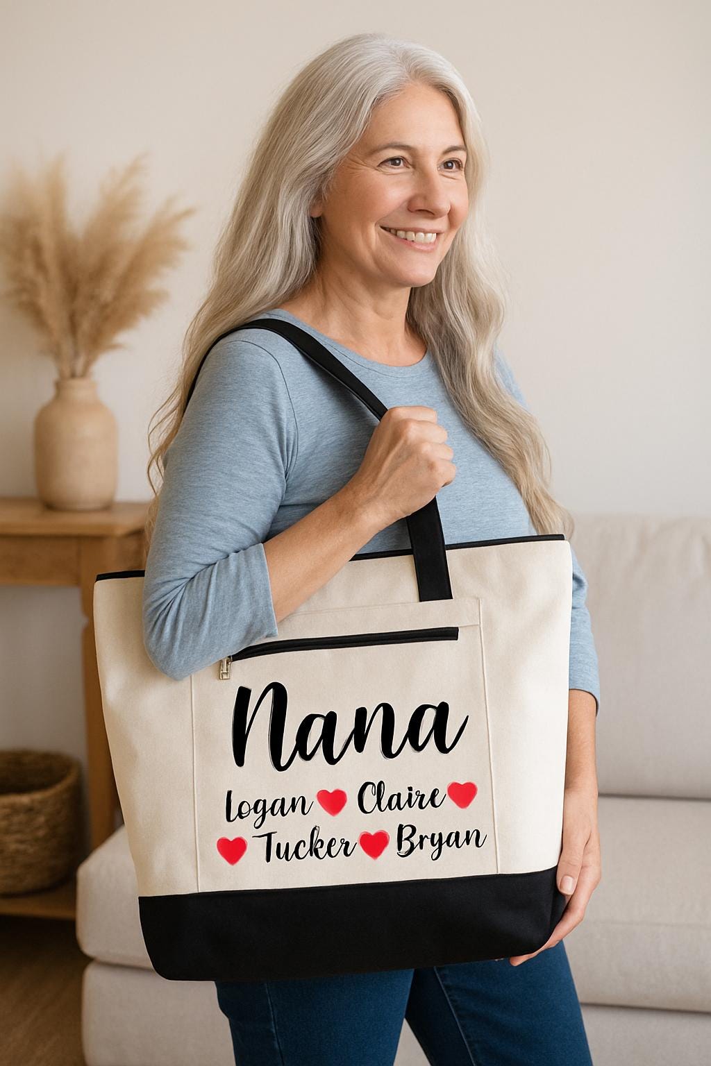 Personalized Nana Canvas Tote Bag – Custom Grandkids Names