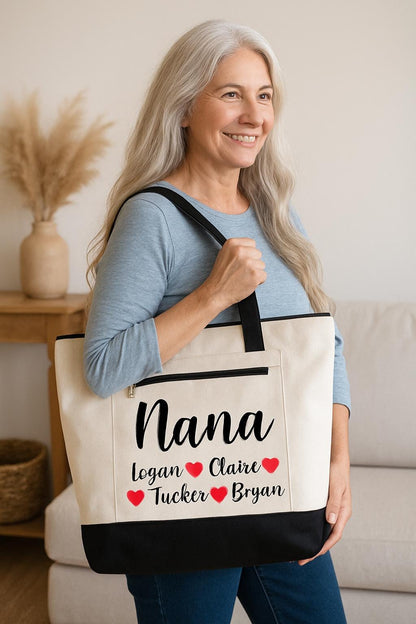 Personalized Nana Canvas Tote Bag – Custom Grandkids Names