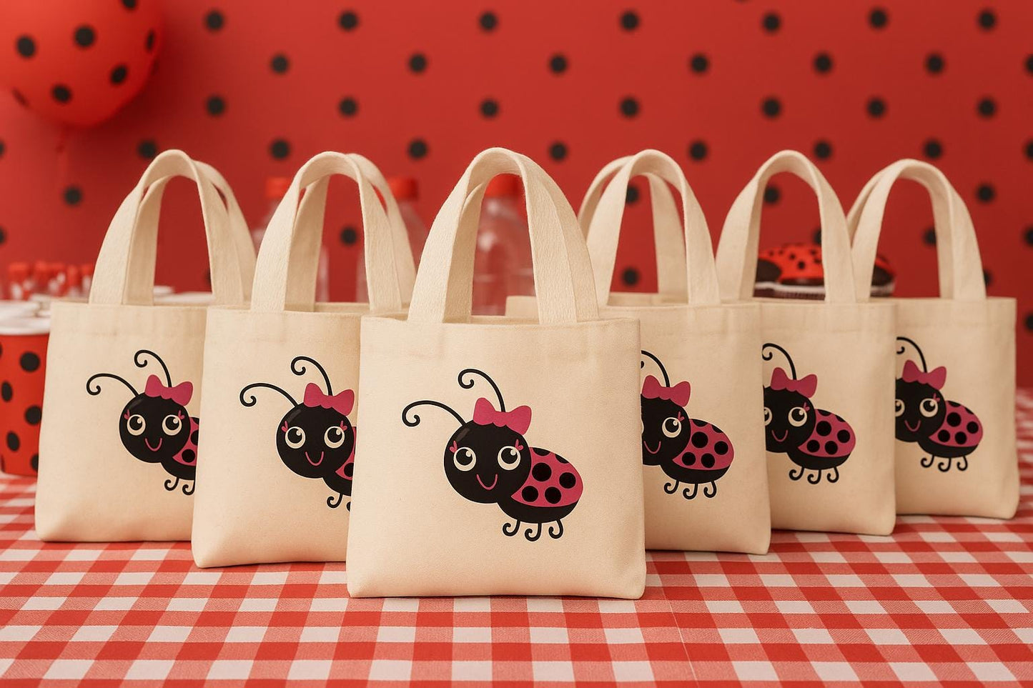 Ladybug Party Favor Bags - Set of 3 Reusable Cotton Treat Bags