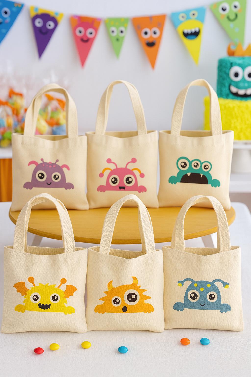 Monster Party Favor Bags - Perfect for Monster Themed Parties! - Set of Six Party Bags - Cotton Bags with Handles