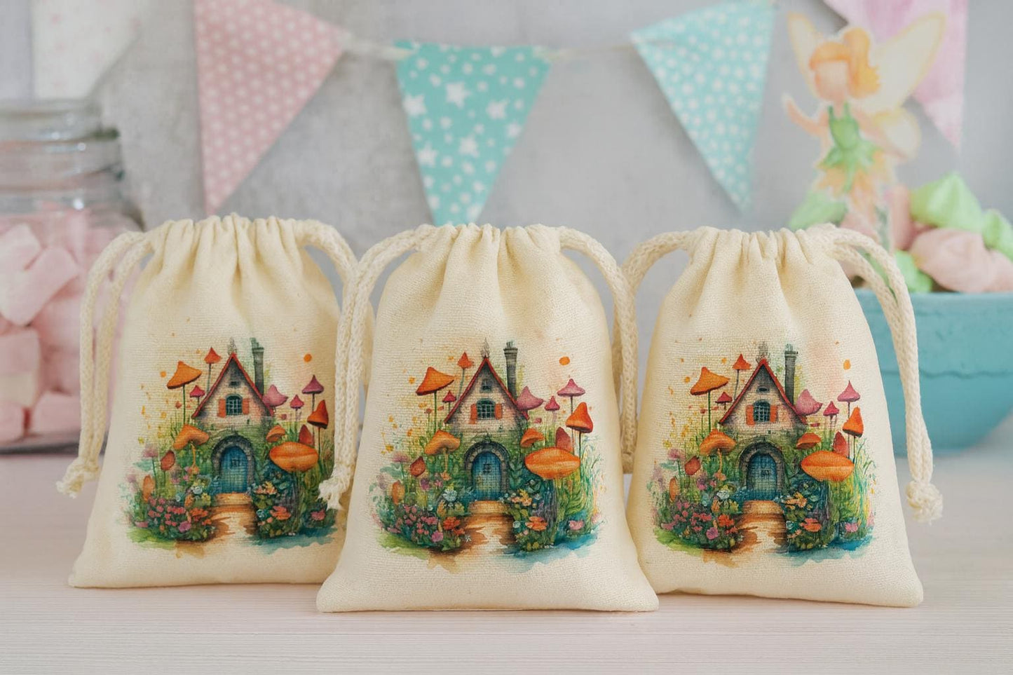 Fairy Party Favor Bag – Woodland Cottage Design Cotton Drawstring Bag