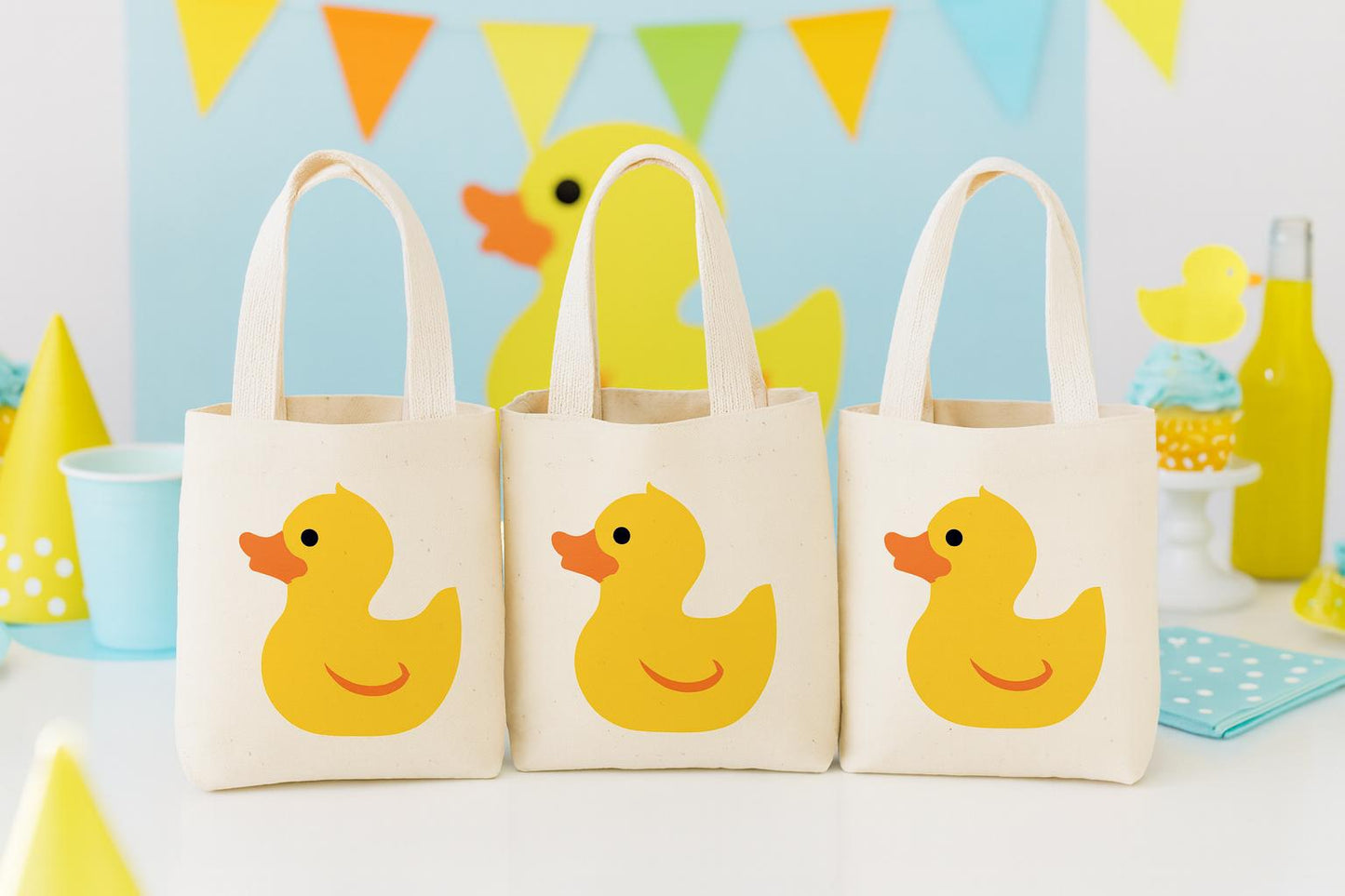 Rubber Ducky Party Favor Bags - Perfect for Birthday Parties and Baby Showers! - Set of Three - Cotton Bags wit Handles