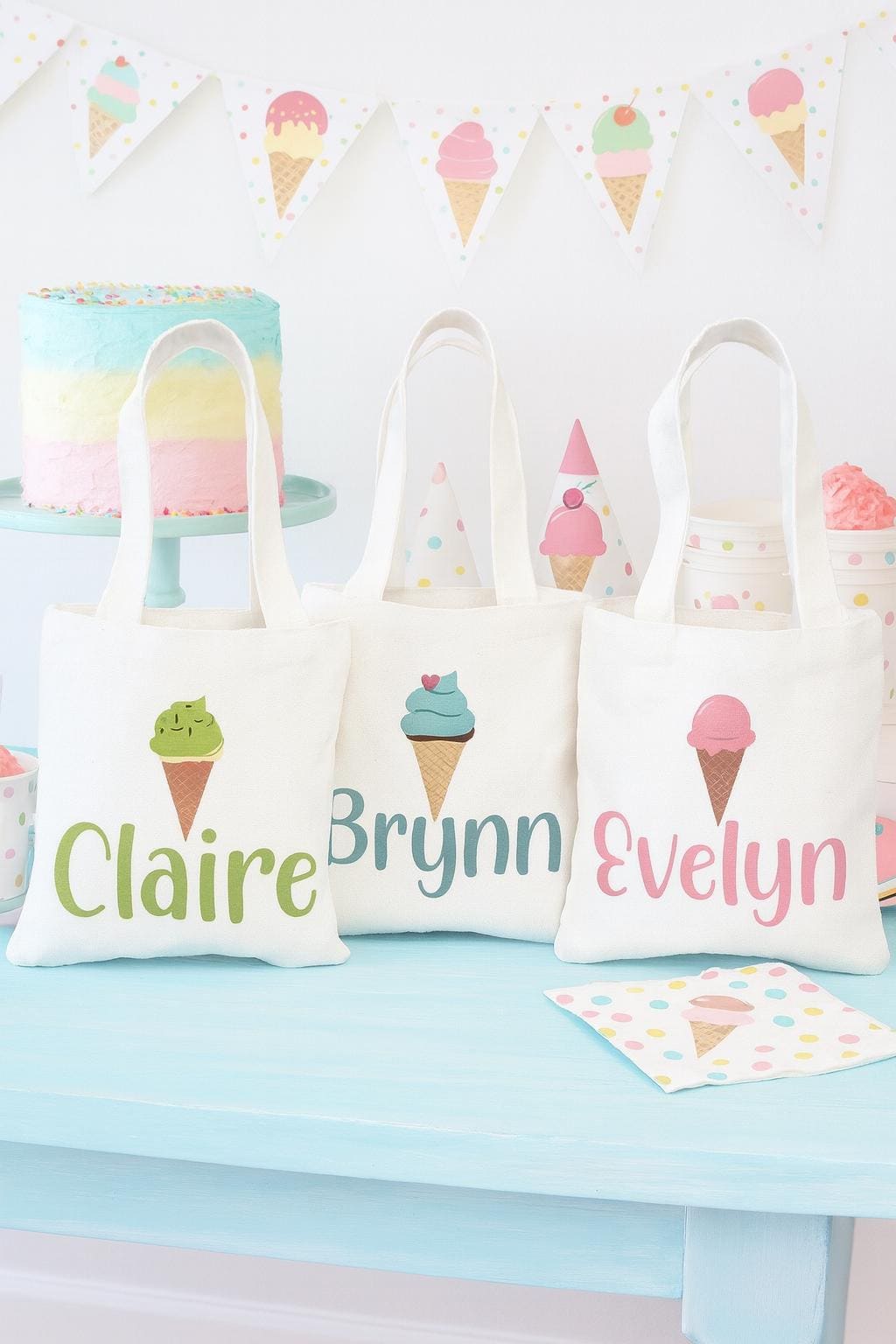 Custom Ice Cream Party Favor Bag - Perfect for Ice Cream Themed Parties - Customized with Each Guests Name - Cotton Bags with Handles