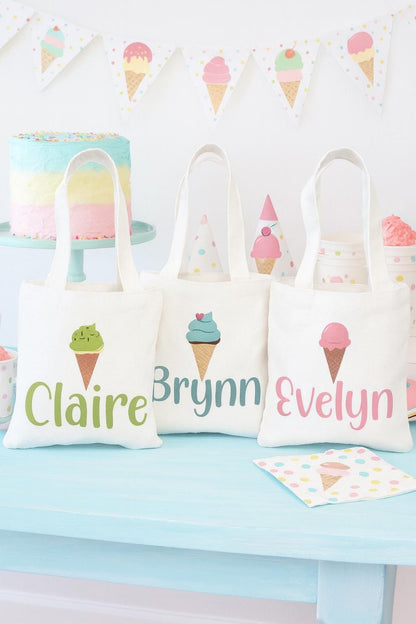 Custom Ice Cream Party Favor Bag - Perfect for Ice Cream Themed Parties - Customized with Each Guests Name - Cotton Bags with Handles
