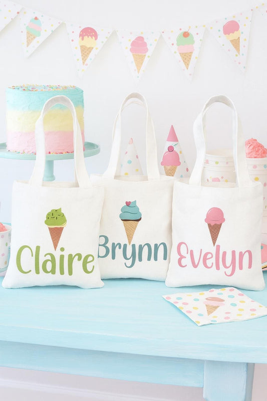 Custom Ice Cream Party Favor Bag - Perfect for Ice Cream Themed Parties - Customized with Each Guests Name - Cotton Bags with Handles