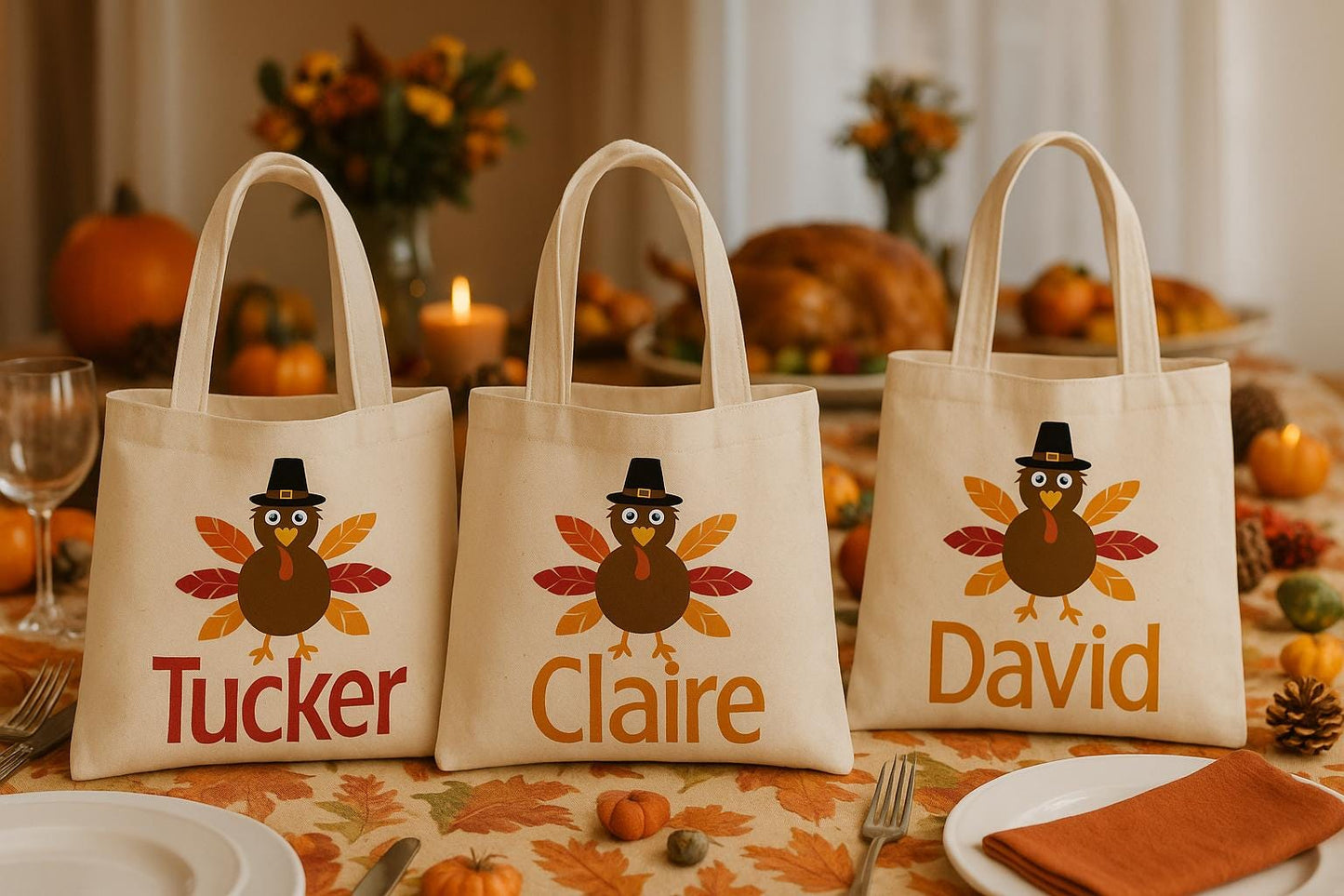 Personalized Thanksgiving Turkey Favor Bags – Set of 3 Cotton Party Bags