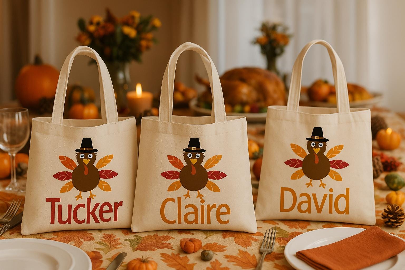 Personalized Thanksgiving Turkey Favor Bags – Set of 3 Cotton Party Bags