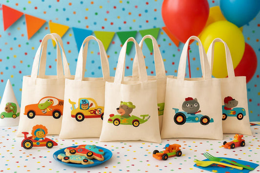 Animal Race Car Party Favor Bags - Perfect for Race Parties! - Adorable Race Car Designs on Cotton Treat Bags with Handles