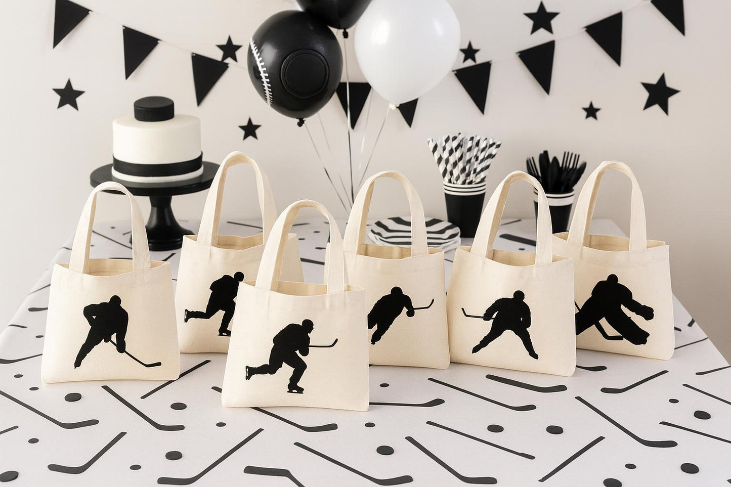 Hockey Party Favor Bags - Cotton Canvas, Team Celebration (Set of Six)