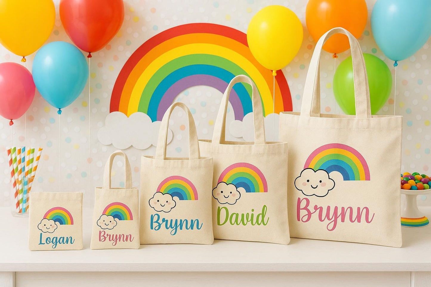 Personalized Rainbow Party Favor Bag – Custom Name Canvas Tote