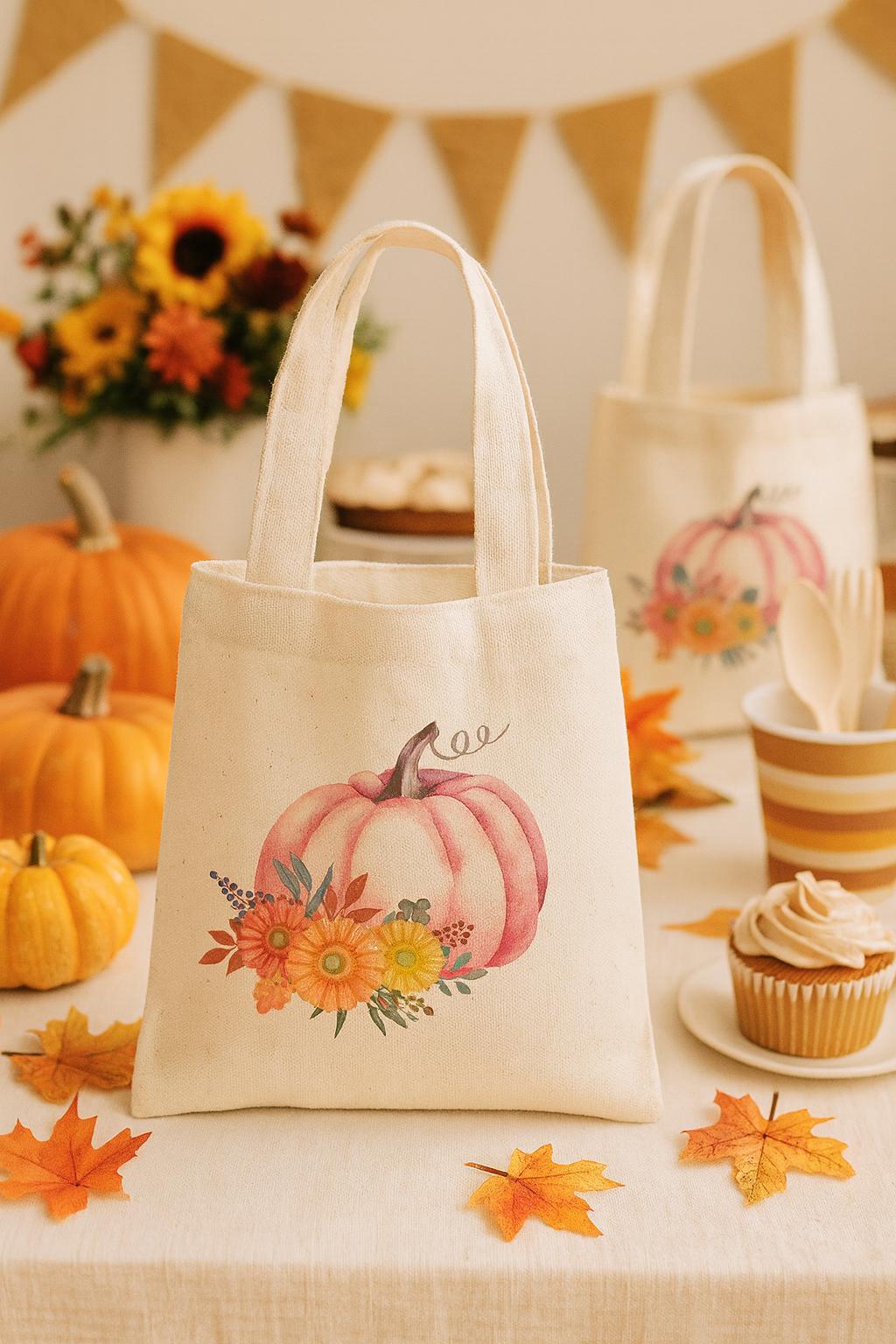 Pink Pumpkin Favor Bags - Set of 3, Autumn Cotton Tote