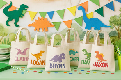 Personalized Dinosaur Party Favor Bags – Cotton Dino Treat Bags, Set of 6