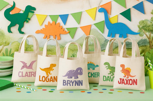 Personalized Dinosaur Party Favor Bags – Cotton Dino Treat Bags, Set of 6