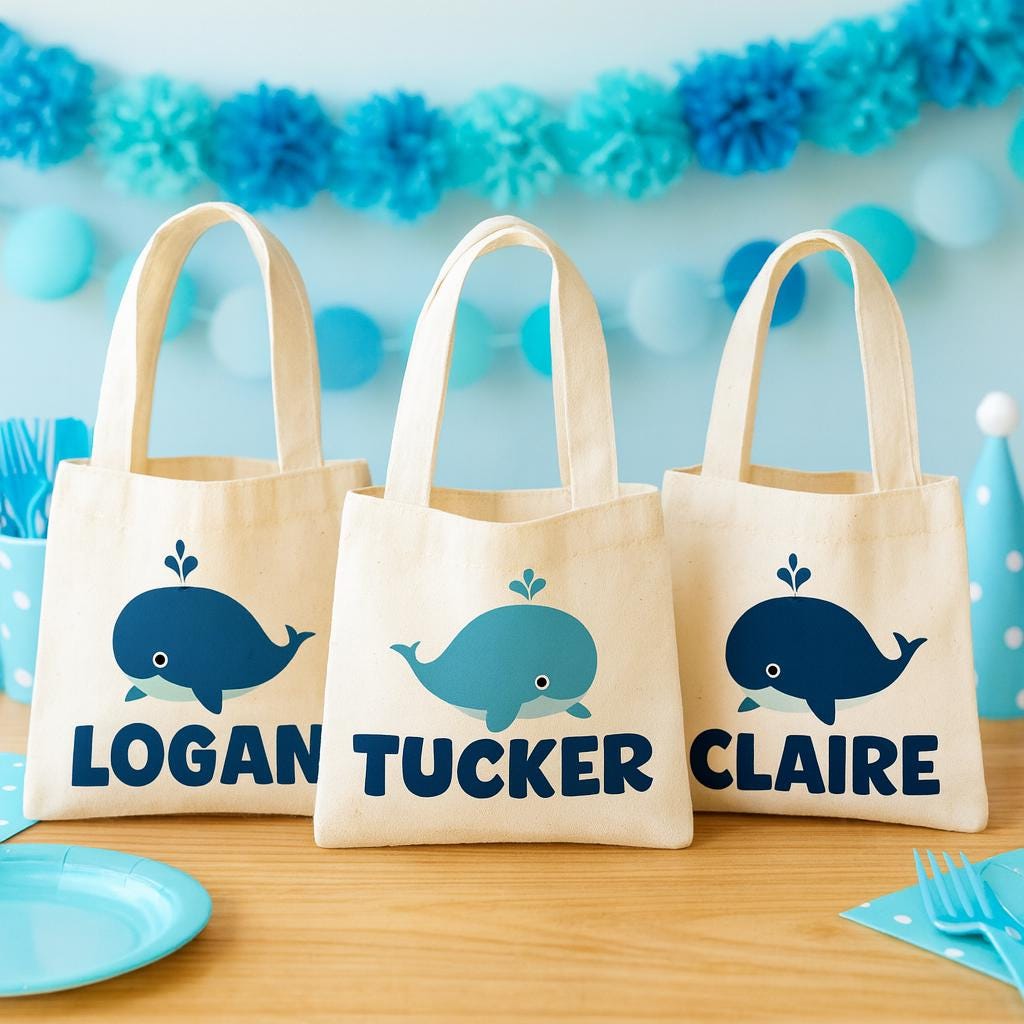 Custom Whale Party Favor Bags - Perfect for Whale Themed Parties and Events! Personalized with Guests Names - Cotton Party Bags with Handles