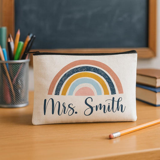 Personalized Rainbow Teacher Pouch – 8x5 Canvas Zipper Bag