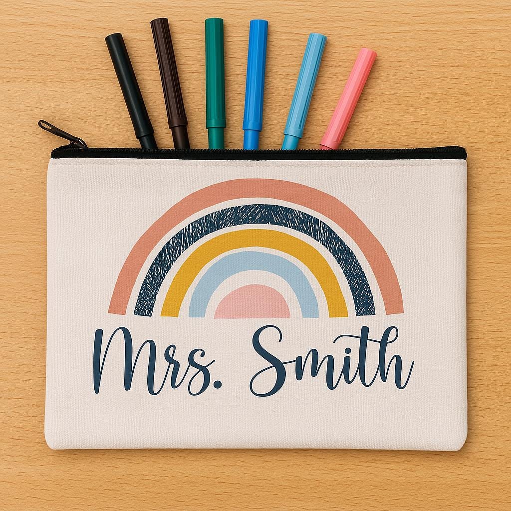 Personalized Rainbow Teacher Pouch – 8x5 Canvas Zipper Bag