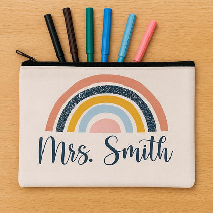 Personalized Rainbow Teacher Pouch – 8x5 Canvas Zipper Bag