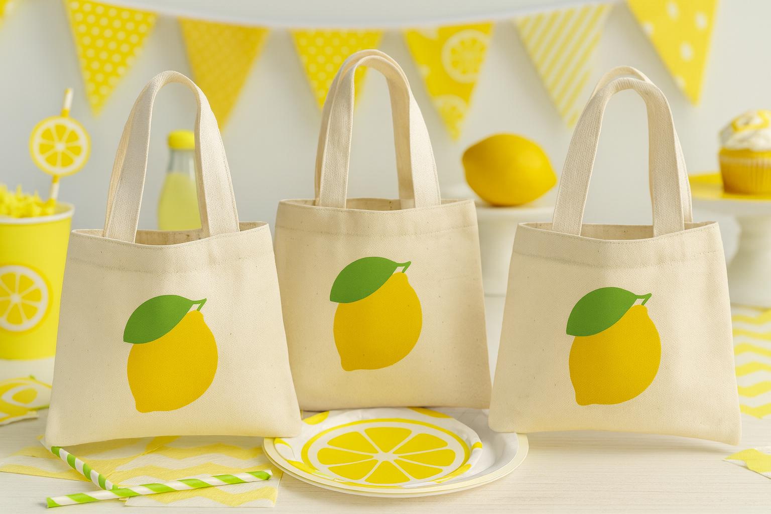 Lemon Party Favor Bags - Perfect for Lemon Themed Parties and Events! - Set of 3 - Cotton Party Bags with Handles - Cute Lemon Goodie Bags