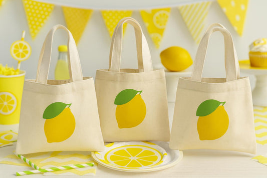 Lemon Party Favor Bags - Perfect for Lemon Themed Parties and Events! - Set of 3 - Cotton Party Bags with Handles - Cute Lemon Goodie Bags
