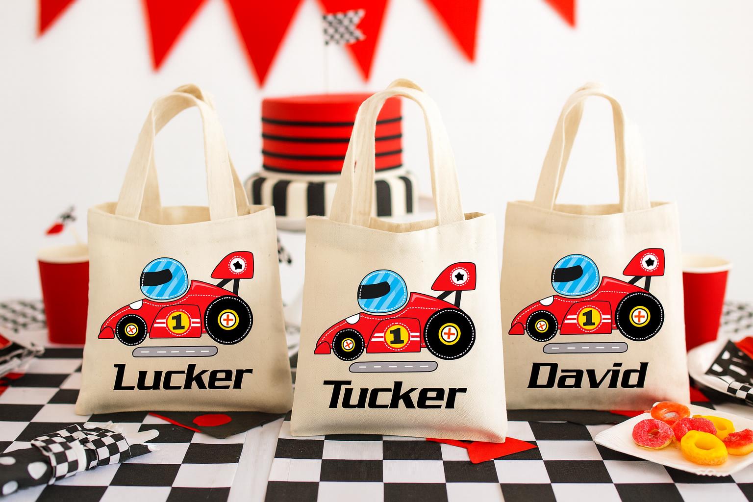 Personalized Race Car Party Favor Bags – Cotton Tote, Set of 3