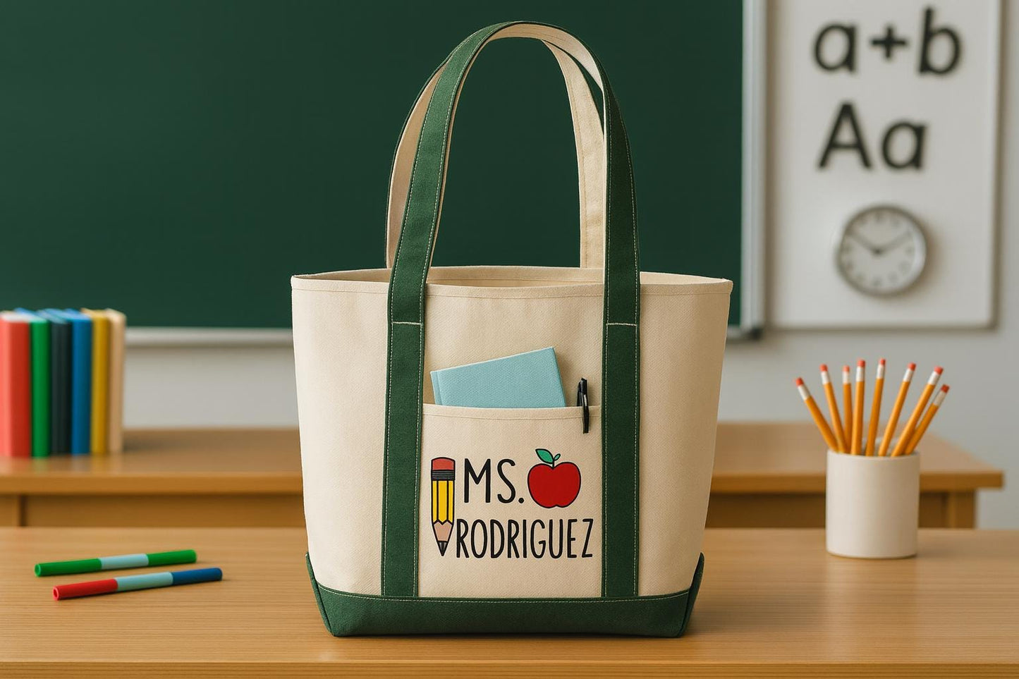 Personalized Teacher Canvas Tote Bag, Heavy-Duty with Pockets