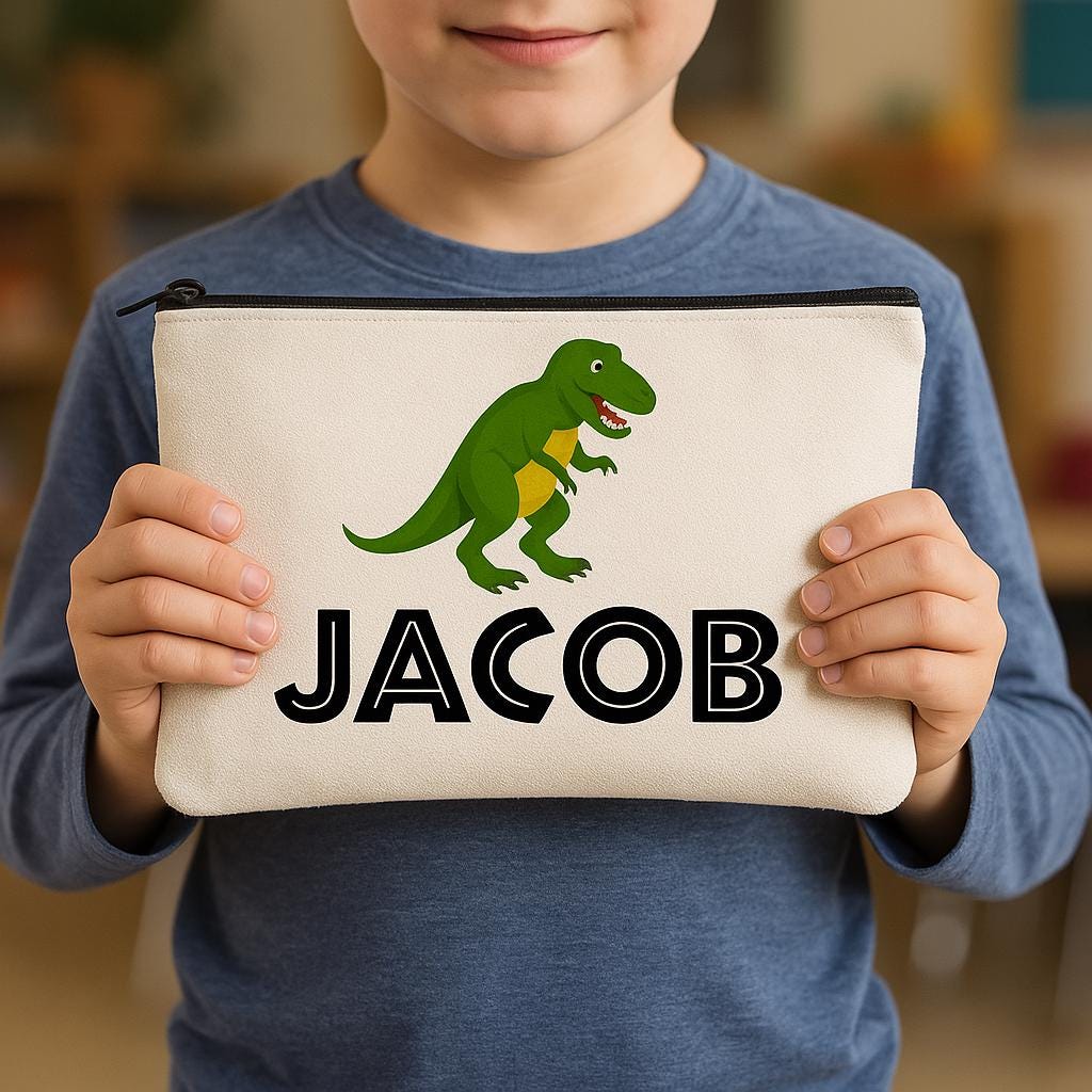 Personalized T-Rex Pencil Pouch, Custom Name Zip Bag