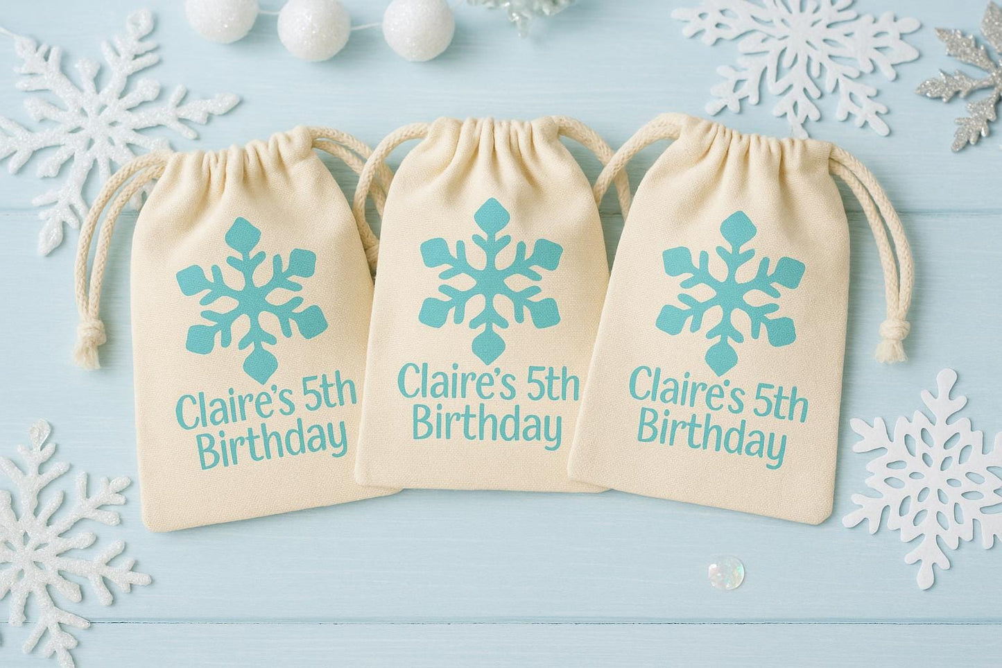 Personalized Snowflake Cotton Favor Bags, Winter Birthday Party