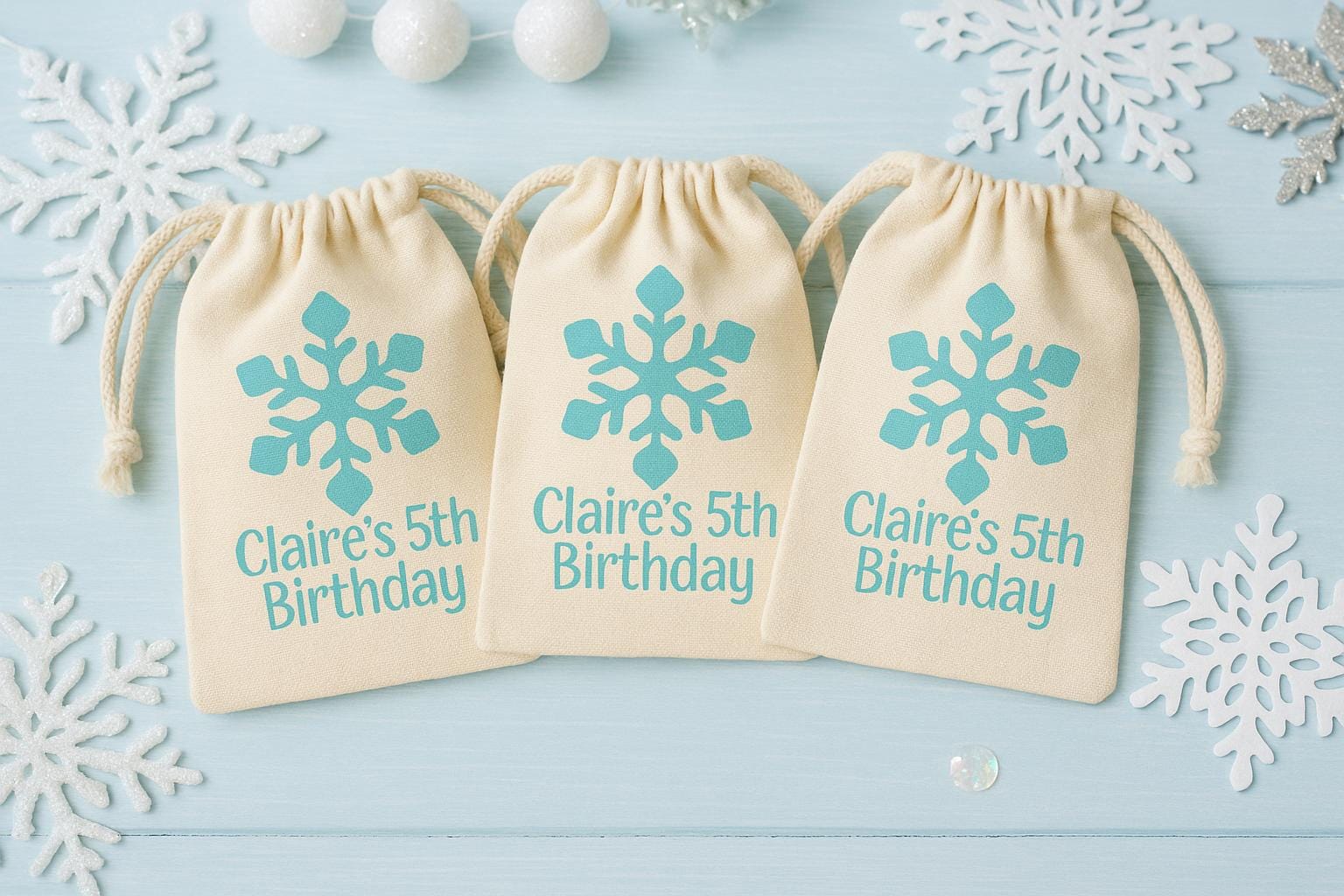 Personalized Snowflake Cotton Favor Bags, Winter Birthday Party