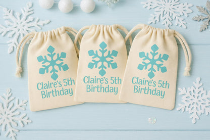 Personalized Snowflake Cotton Favor Bags, Winter Birthday Party