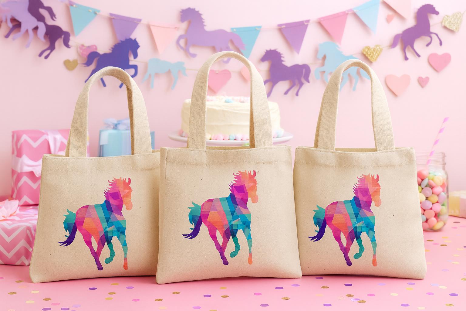 Rainbow Horse Party Favor Bags – Cotton Tote, Set of 3