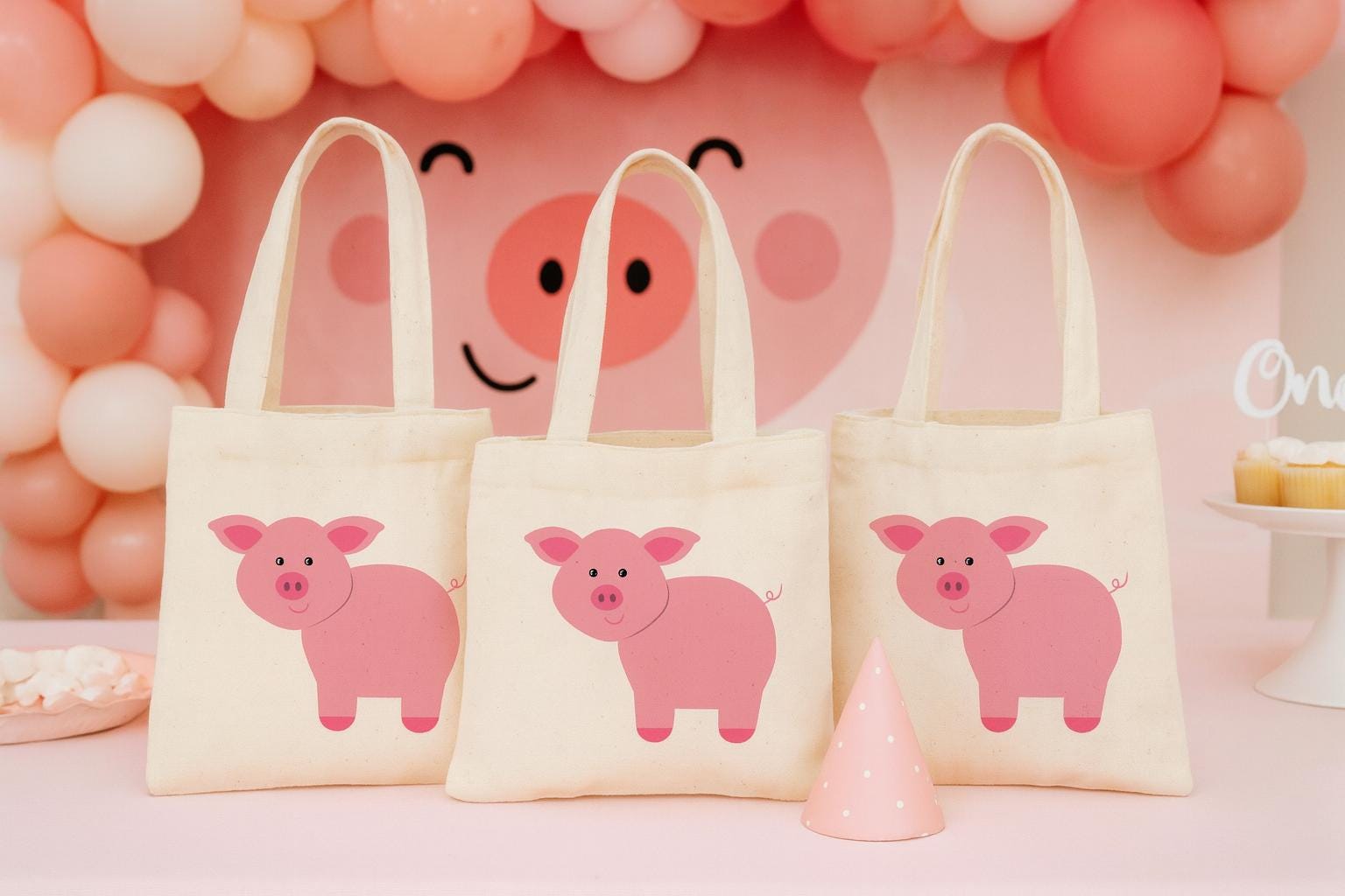Pig Party Favor Bags - Farm Animal Cotton Tote, Set of Three