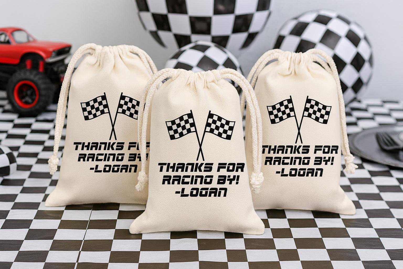 Personalized Checkered Flag Cotton Favor Bags – Race Car Party