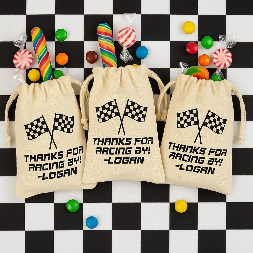 Personalized Checkered Flag Cotton Favor Bags – Race Car Party