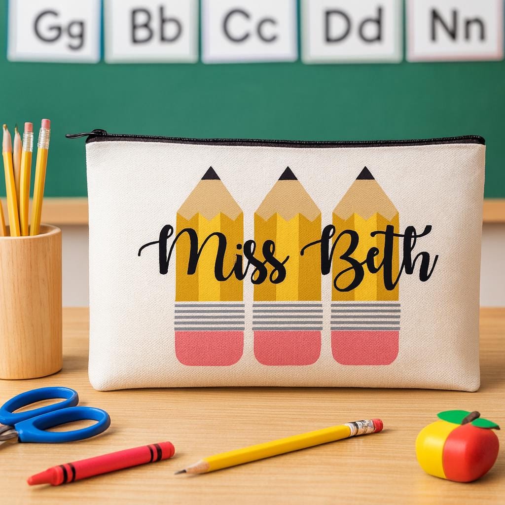 Personalized Teacher Pencil Pouch, Custom Zippered Canvas Case